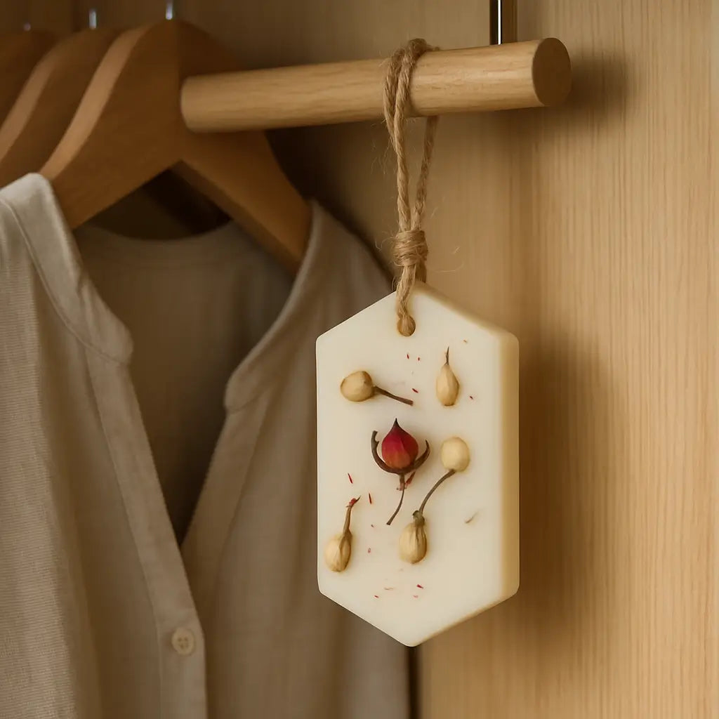 Wax sachet Trandafir & Vanilie agățat pe bara dulapului, dressing din lemn deschis
