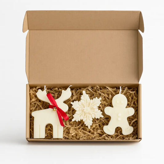 Set cadou Crăciun cu 3 lumânări din ceară de soia în cutie kraft