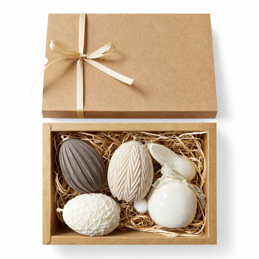 Set cadou Paște crem în cutie kraft cu 3 lumânări ou din ceară de soia și decorațiune iepuraș ceramic