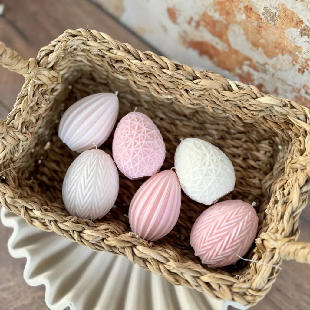 Lumânări decorative în formă de ou din ceară de soia în nuanțe de roz, set cadou de Paște