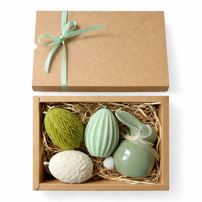 Set cadou Paște verde sage în cutie kraft cu 3 lumânări ou din ceară de soia și decorațiune iepuraș ceramic