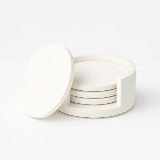 Set de 4 suporturi pentru pahare (coastere) Ø8,5 cm, ceramică jesmonite, alb mat, cu suport