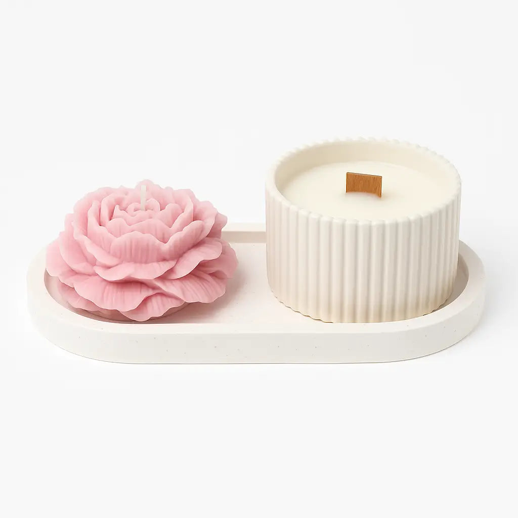 Set tavă ovală cu lumânare bujor și lumânare în vas ceramic, alb mat – ceramică jesmonite, cutie cadou
