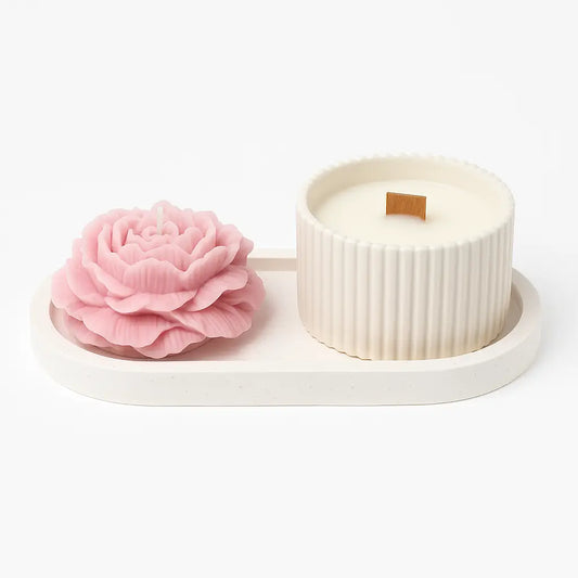 Set tavă ovală cu lumânare bujor și lumânare în vas ceramic, alb mat – ceramică jesmonite, cutie cadou