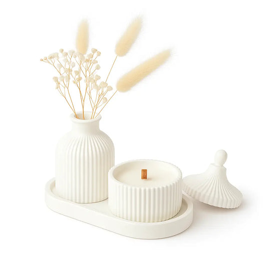 Set tavă ovală, vază și lumânare din soia în vas ceramic cu capac, alb mat – ceramică jesmonite, cutie cadou