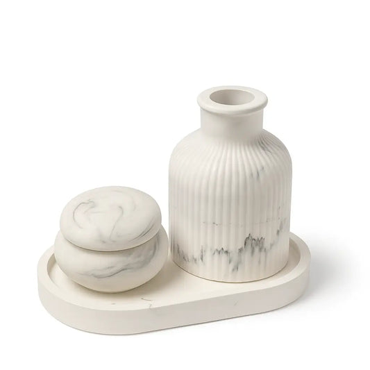 Set tavă ovală, vază și cutie pentru bijuterii din ceramică jesmonite, alb mat, în cutie cadou kraft