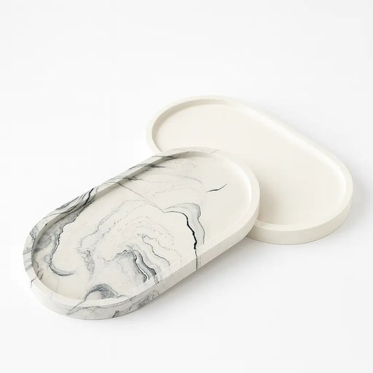Tavă decorativă ovală din ceramică jesmonite, alb mat, 23,5×11,5×2 cm